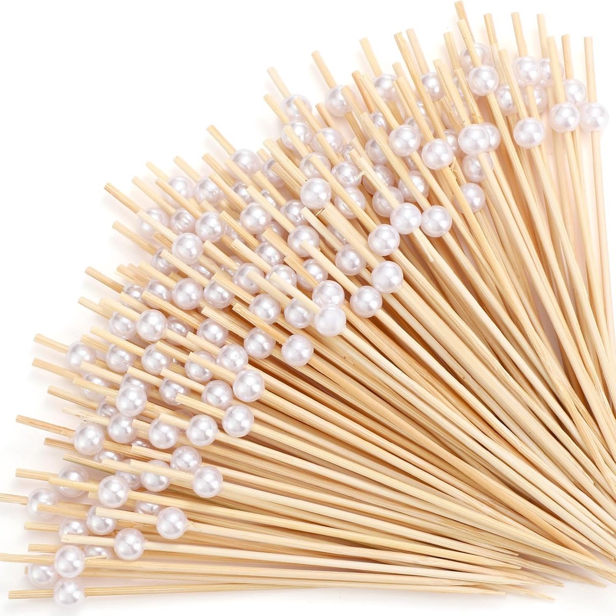Cocktailspiesjes kralen, 200 stuks cocktailtandenstokers hout, cocktaildecoratieset, fruitspiesen, bruiloft, spiesen, fingerfood, 12 cm, voor bruiloft, verjaardag, feest (wit)