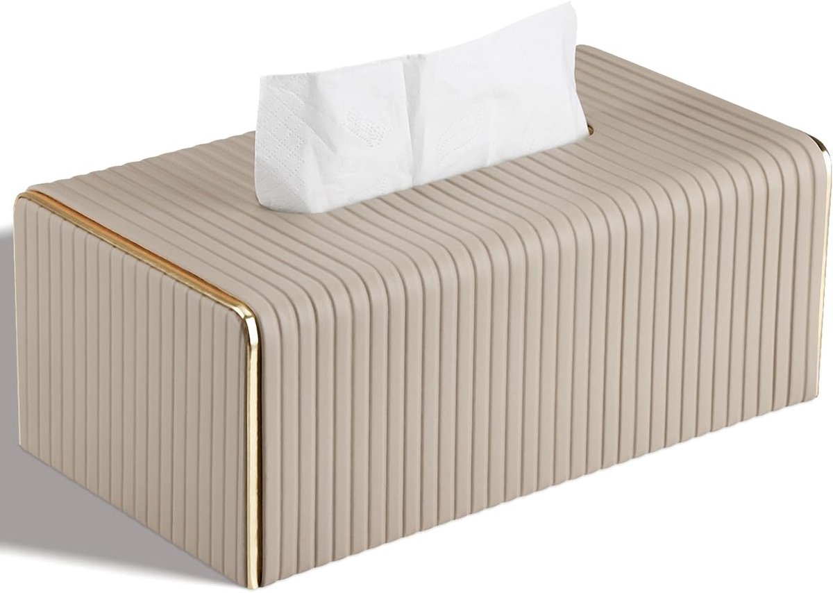 Cosmetic tissue box van PU-leer, zakdoekdispenser tissuebox, rechthoekige tissuebox voor gebruikelijke (beige gestreept)