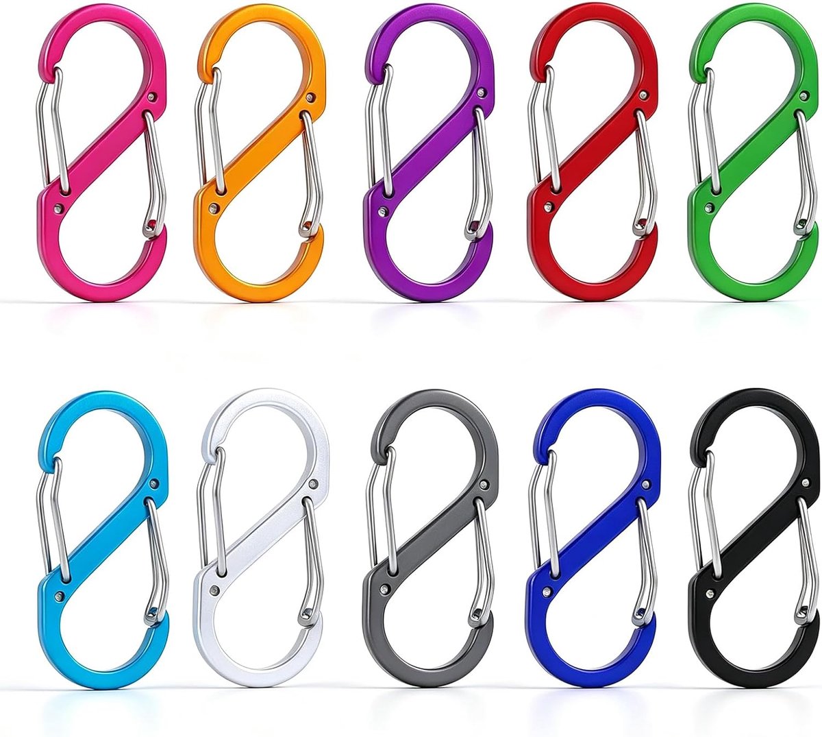 10 stuks S-karabijnhaken, kleurrijk, dubbele karabijnhaken, 51 mm, S-vormige dubbele clip-minikarabijnen van aluminium, mini-karabijnhaken, voor wandelingen, vissen, kamperen, reizen