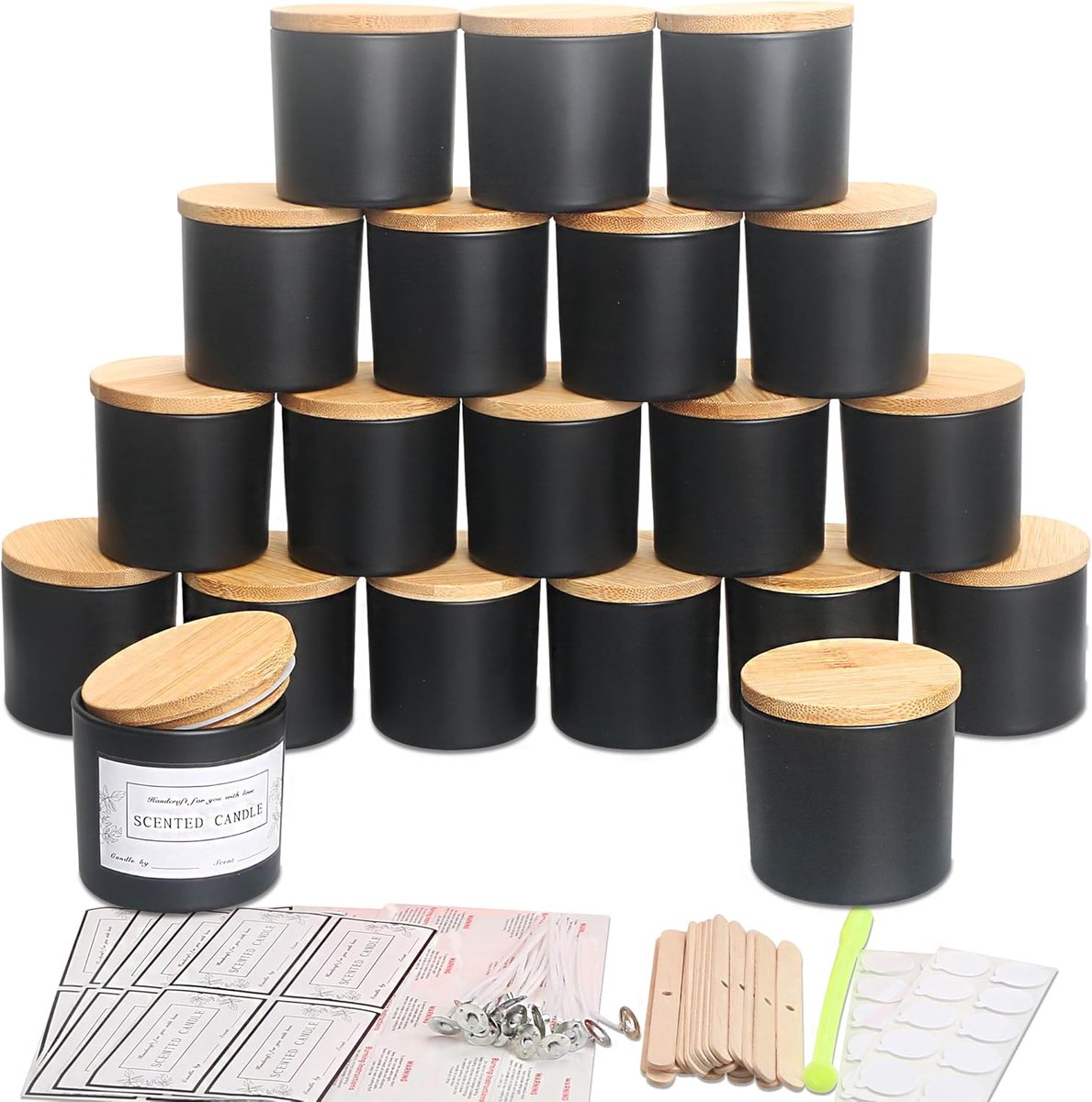 20 Pack 4 oz matzwarte glazen kaarspotten met deksels en kaarsmakerskits - Bulk kleine lege kaarspotten voor het maken van kaarsen - Kruiden-, poedercontainers.