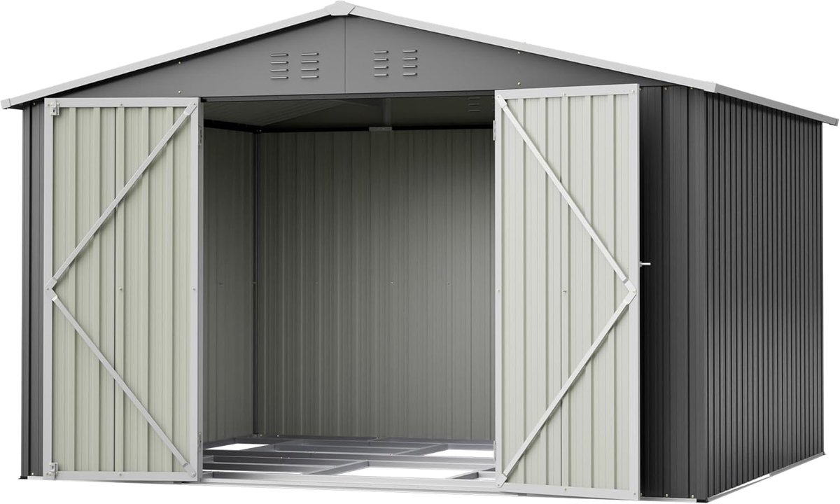 2,4 x 1,8 m metalen gereedschapsschuur antraciet, gereedschapsschuur met 106 cm brede klapdeur, weerbestendig stalen tuinhuisje, ideaal voor tuingereedschap en gereedschapsopslag (grijs, 300 x 252 x