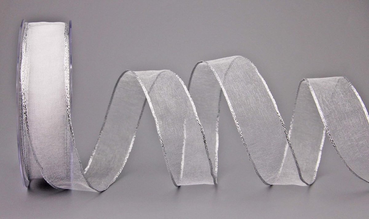 decoratielint WIT / zilver 20 m x 25 mm rol (€ 0,80/m) chiffonlint organza met zilveren rand glanzend transparant cadeaulint draadrand lint lint elegante feestelijke decoratie Kerstmis