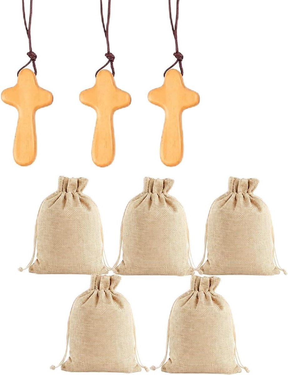 Kruis Multifunctioneel Communiegeschenk – Set van 3 Houten Kruis Hanger met Touwzakje, 6 x 3.4 cm – Perfect voor Geschenken en Versieringen（Extra twee vervangende zakken）