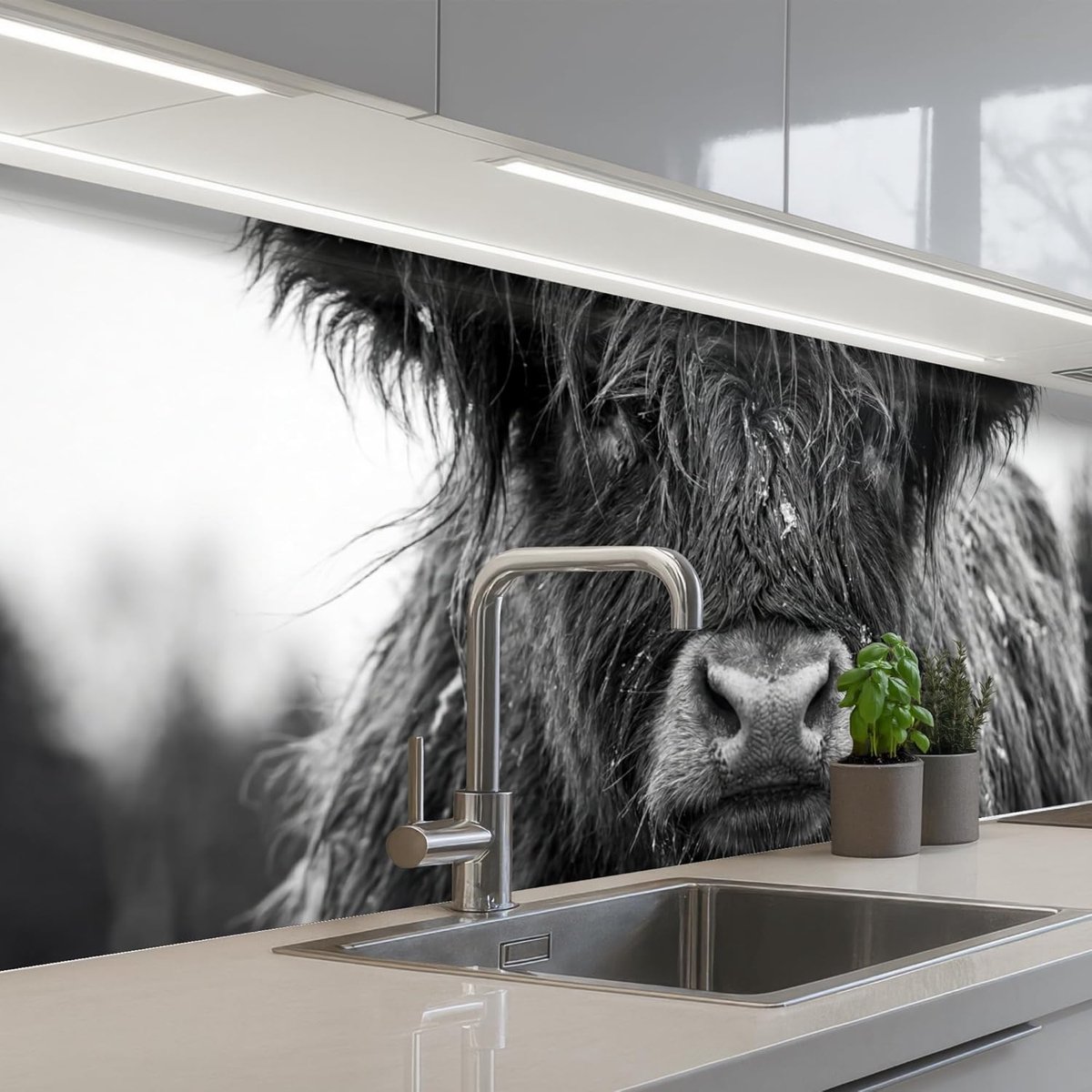 keukenachterwand 60x200 cm zelfklevend keuken decoratie accessories home kitchen spatscherm Schotse hooglander - Zwart - Wit - Sneeuwvlokken