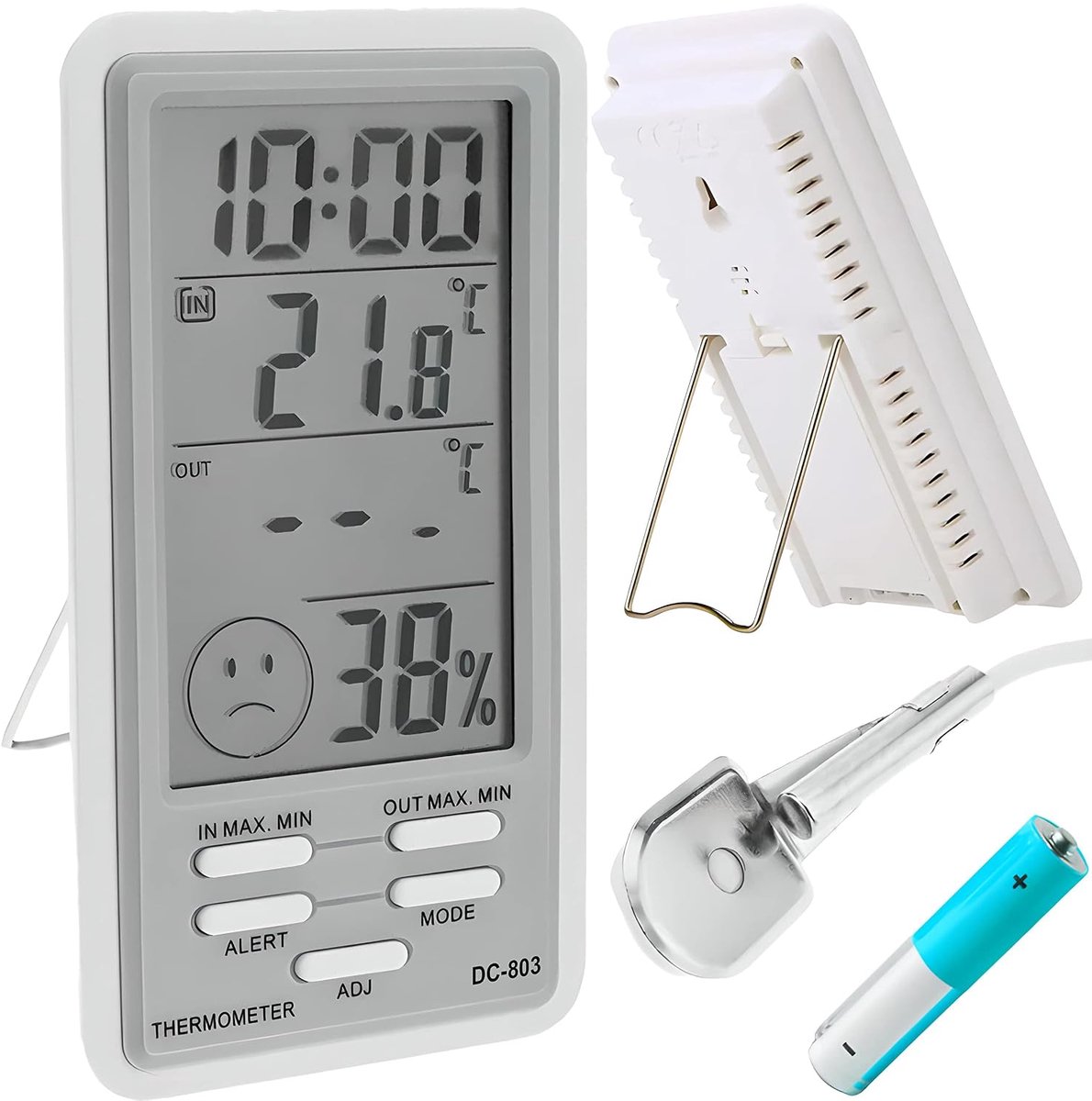 Thermometer hygrometer voor binnen, buiten met lcd-display, buitensensor, thermo-hygrometer met temperatuurweergave, klok, kamerthermometer, digitaal draadloos weerstation,