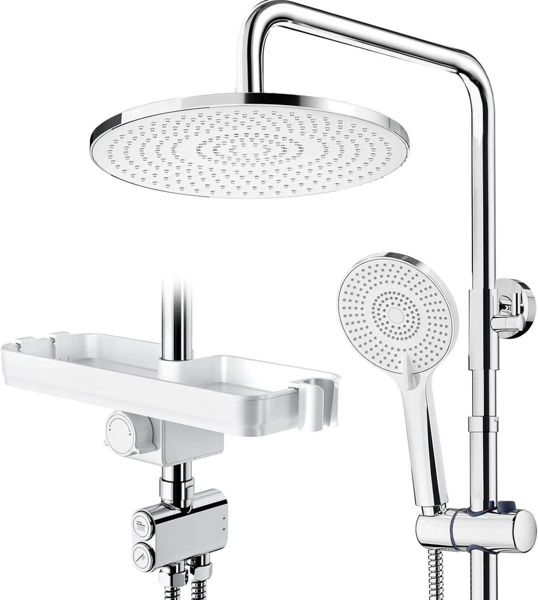 Douchesysteem met plank, chroom, 25 x 25 cm, ronde regendouche en 3 straalsoorten, douchekop, met omvormer van messing, douchezuil, doucheset voor douche zonder armatuur