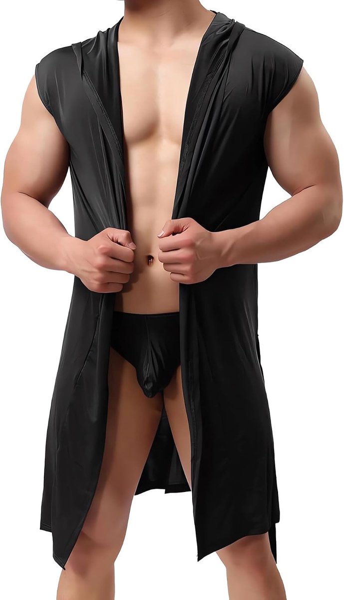 Badjas met capuchon voor heren, mouwloze zijden pyjama, nachtkleding, lichte vaste ochtendjas, spa-badjas met riem, zachte zomerpyjama voor thuis