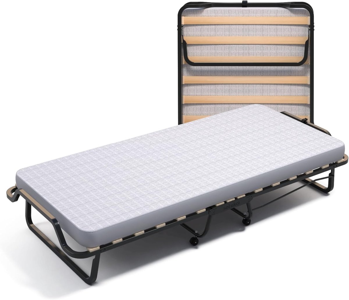 - Opklapbed XL Comfort met matras van polyurethaan, hoogte 10 cm, structuur eenpersoonsbed met lattenbodem van hout 90 x 200, ruimtebesparend bed met wieltjes