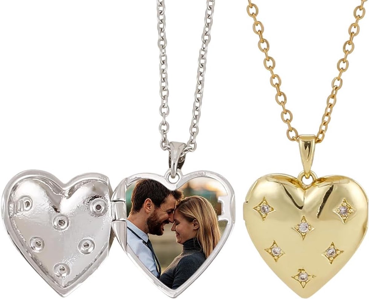 2 Kleuren Hart Foto Medaillon Ketting voor Vrouwen, 18K Hanger Houdt Foto's Steentjes Hart Open Medaillon Kettingen 50Cm Rvs Ketting Memorial Hanger Gift