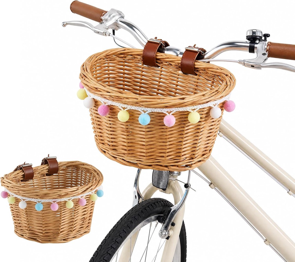 Fietsmand voor kinderen, geweven fietsmand vooraan voor kinderen, handgemaakt, met lederen riemen, afneembaar, stabiel en decoratief, fietsaccessoires, fietsmand voor kinderen vooraan voor meisjes en
