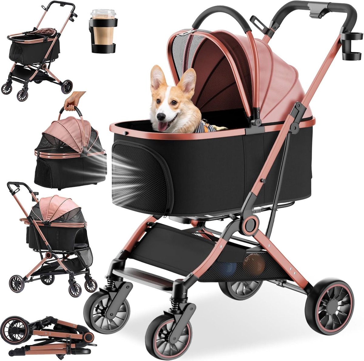 Hondenwagen, 4-in-1 hondenbuggy, hondenbox, opvouwbare hondenkinderwagen tot 25 kg, opvouwbare kattenwagen met 360° draaiwielen, netramen, verstelbare luifel en bekerhouder, roségoud