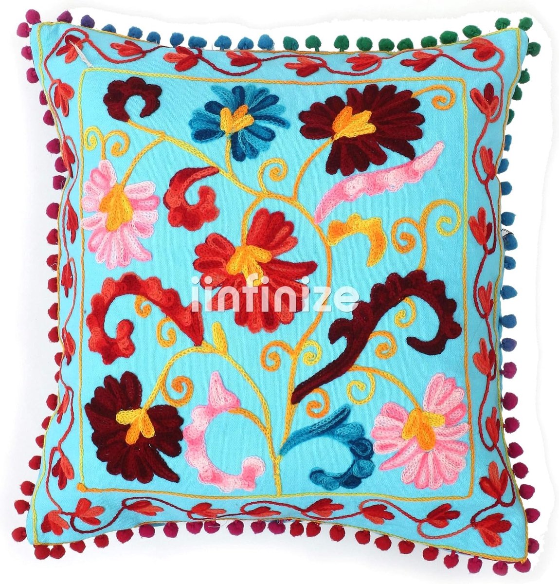 Sierkussen Suzani 16x16 inch - Geborduurd katoen - Met pompom - Perfect voor decoratie - SnelShoppen