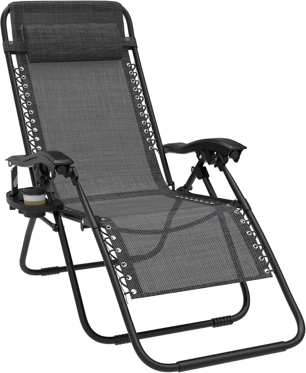 Inklapbare ligstoel, zonnebed, tuinstoel, zwart | 1 stuk relaxstoel, verstelbare rugleuning met bekerhouder en kussen, verstelbare rugleuning, voor buiten, terras