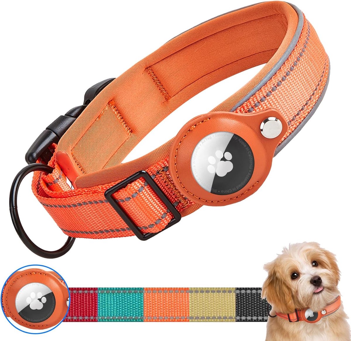 AirTag hondenhalsband, waterdichte geïntegreerde Apple AirTag-houder, reflecterende halsband, gewatteerde halsband voor kleine, middelgrote en grote honden (oranje, L)