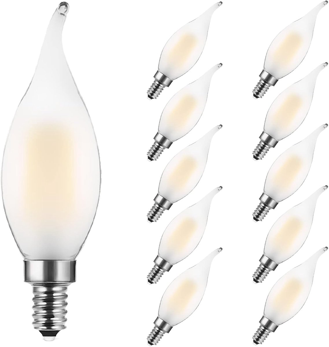 Kaars LED kaarslamp, E14 4W klassieke kaarsvorm gloeidraad, vervangt 35 Watt, 2700K warm wit gloeidraad draadlamp, niet dimbaar, mat, 10 stuks