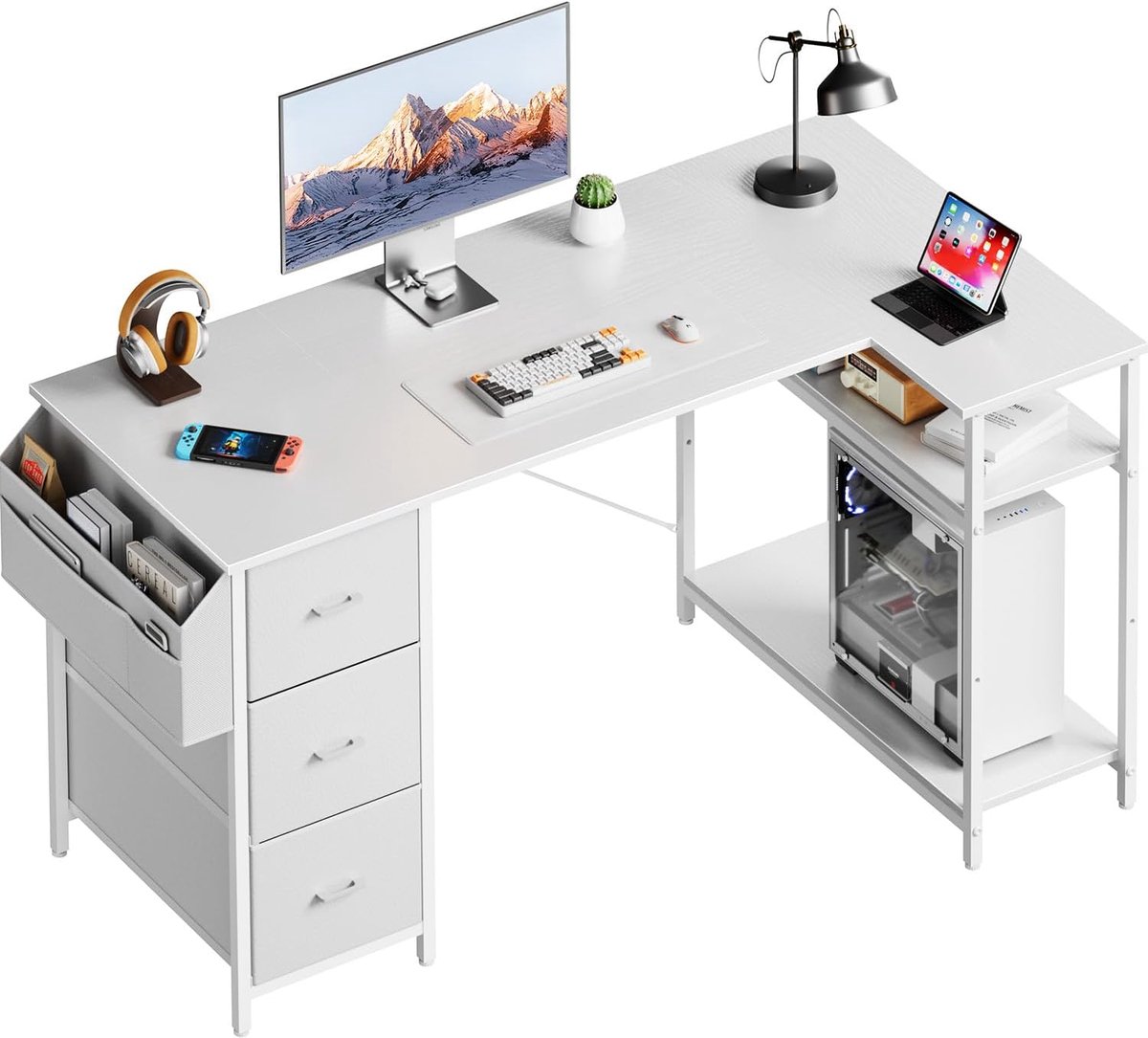 L-vormig Computerbureau met 3 Stoffen Laden en Planken, 140 x 80 cm | Hoekbureau met Opbergruimte, Kantoortafel met Opbergtas en Opbergplanken voor Kantoor, Woonkamer, Thuiskantoor, Wit