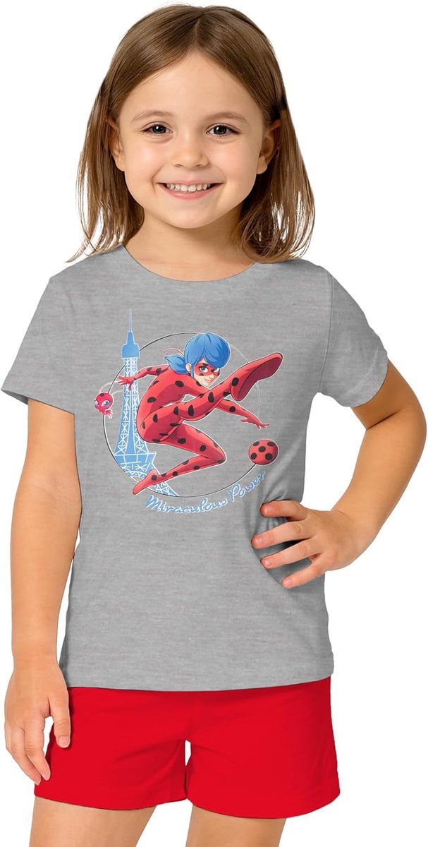 Labels Miraculous pyjama voor meisjes, Ladybug kinderpyjamaset, korte mouwen, bovendeel met broek, grijs/rood