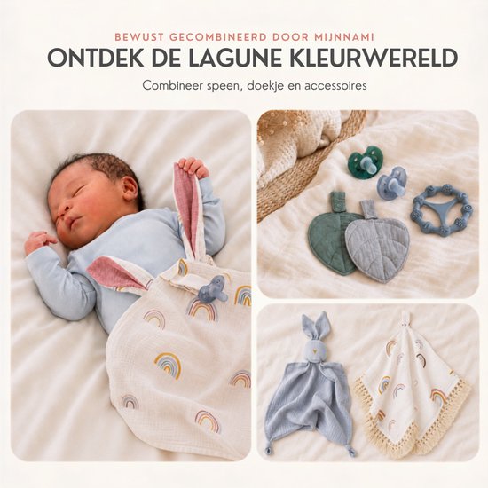 Collage van babyproducten: slapende baby met speendoekje, speentjes, bijtspeeltjes en knuffels in lagune tinten.