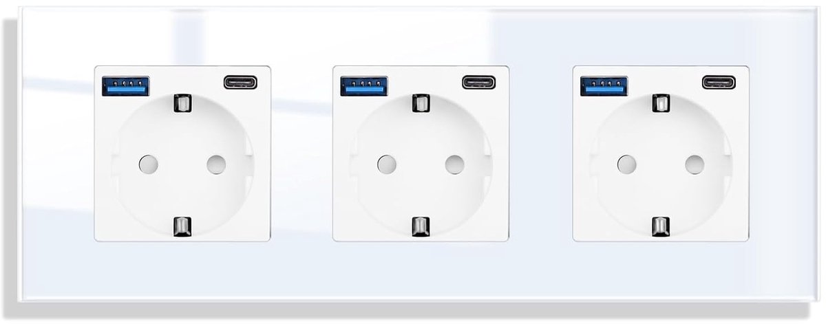 Stopcontact, glas, met USB, 20 W, snel opladen, wit, inbouw, 3-voudig, 16 ampère-stopcontacten met USB A en type C max. 3,1 A, 228 x 86 mm, 250 V