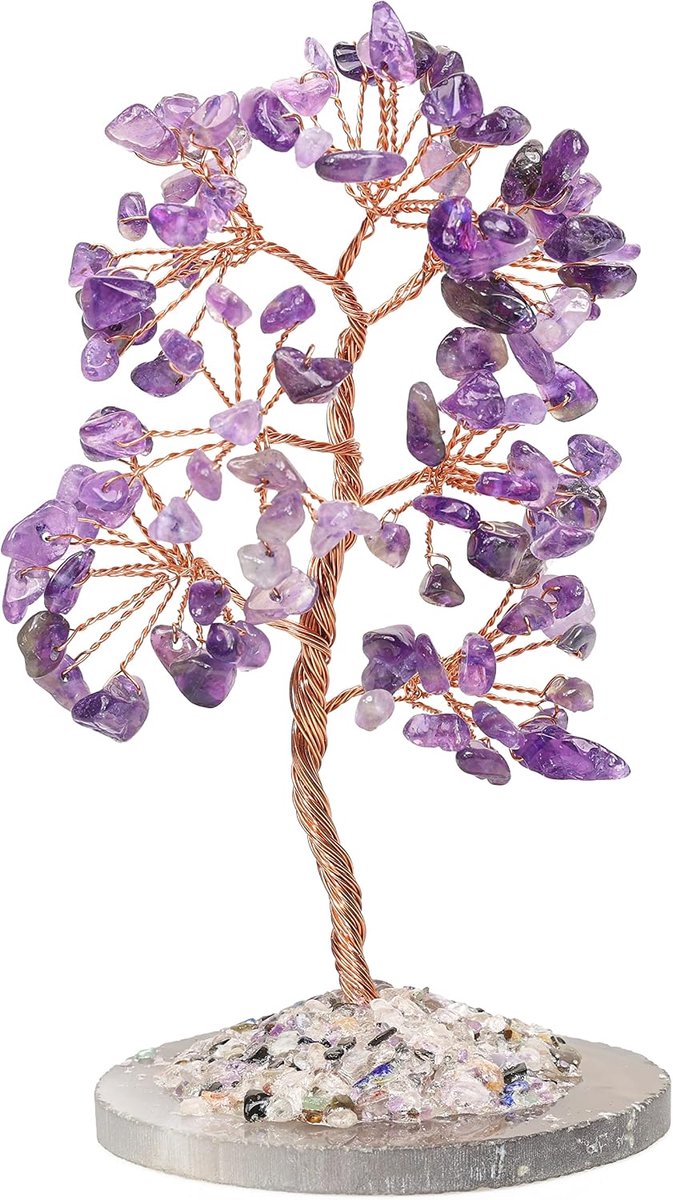 Kristalboom Gezondheid Feng Shui Amethist Quartz Authentieke Edelsteen Levensboom Hand gewikkeld Koperdraad Takken Agaat Basis Klankschaal Gezegend 15 cm Hoog Gegroeid
