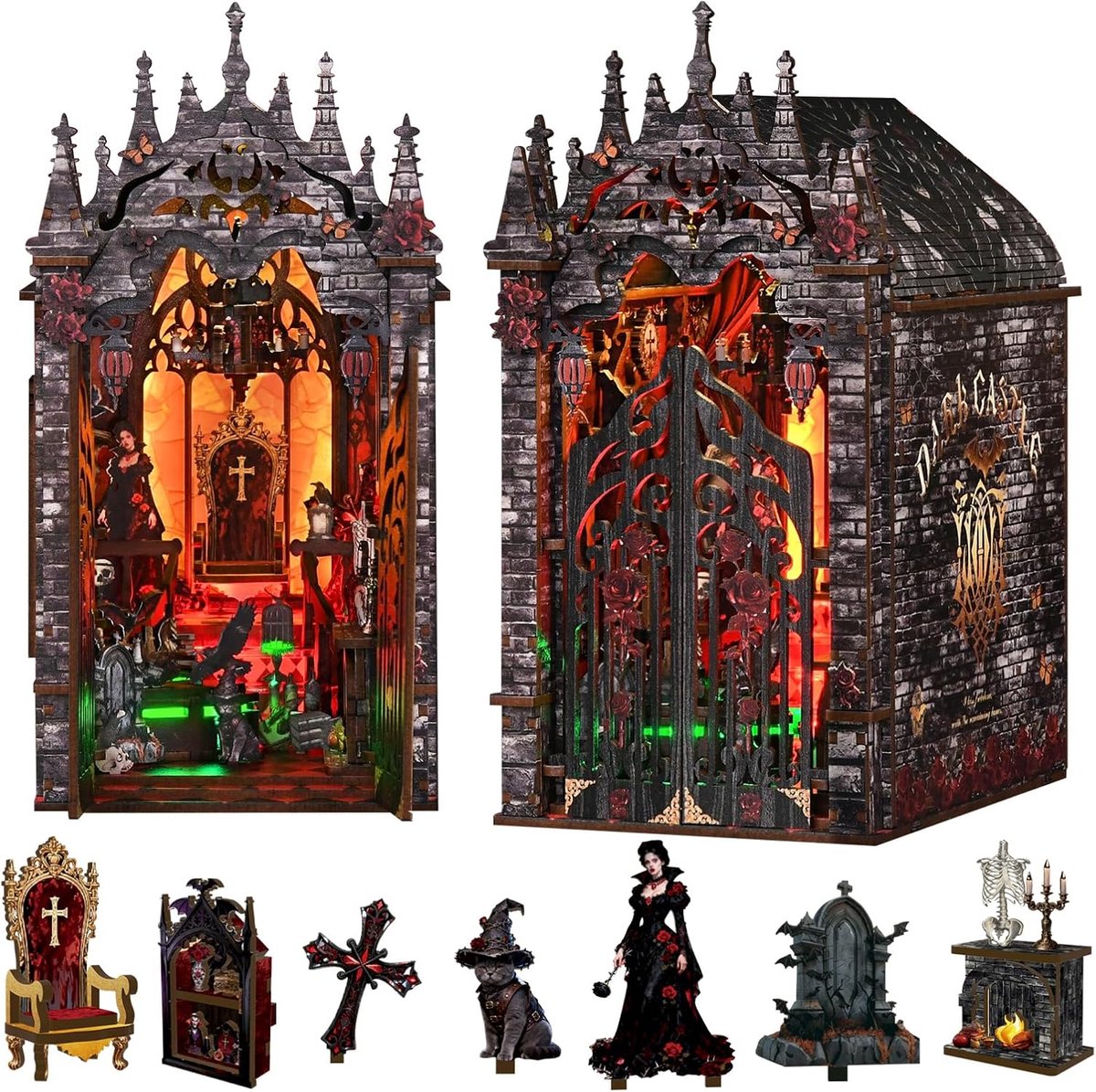 Nook Kit van de donkere gotiek, donker kasteel, doe-het-zelf, miniatuurhuis, 3D-houten puzzel met ledverlichting, knutselset voor boekenkast, decoratie voor volwassenen, woondecoratie en