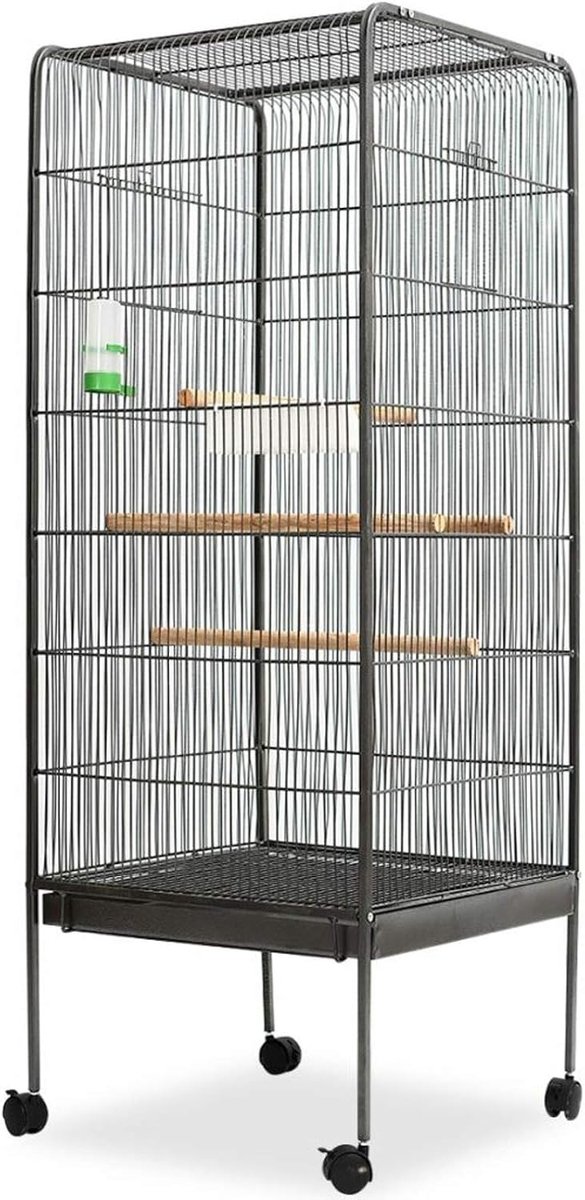 Vogelkooi, vogelhuis, parkietenkooi, kooi, 54 x 54 x 146 cm, met 4 houten stangen, volière, vogelvolière met 1 voederschaal en 1 waterdispenser, stalen frame + hout + kunststof, zwart