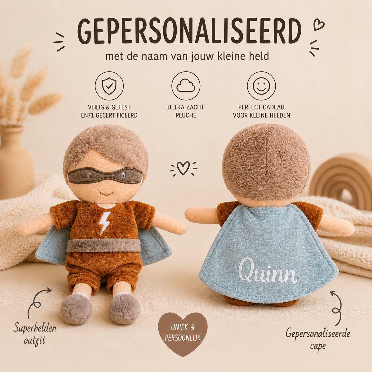 Jollein - Knuffel Superhero - Dave - gepersonaliseerd met naam - Superheld - 32cm