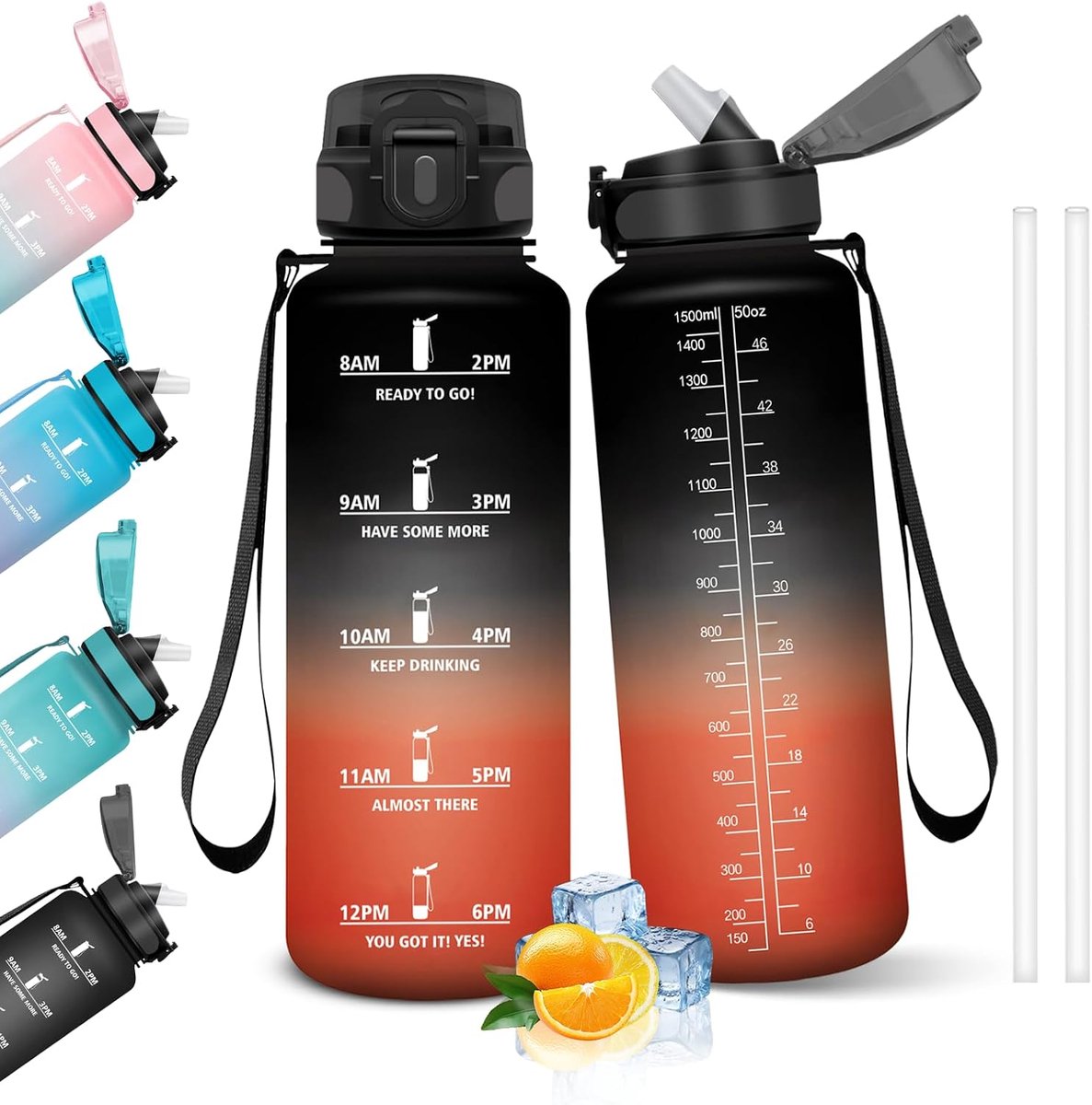 Waterfles, 1,5 l, motiverende waterfles met rietje, lekvrij, waterfles voor school, sportschool, camping, fietsen, yoga