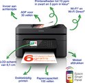 Zwarte Epson WF-2950DWF printer met labels die functies zoals ADF, Wi-Fi en dubbelzijdig printen aangeven.