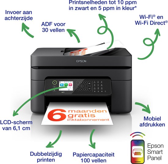 Zwarte Epson WF-2950DWF printer met labels die functies zoals ADF, Wi-Fi en dubbelzijdig printen aangeven.