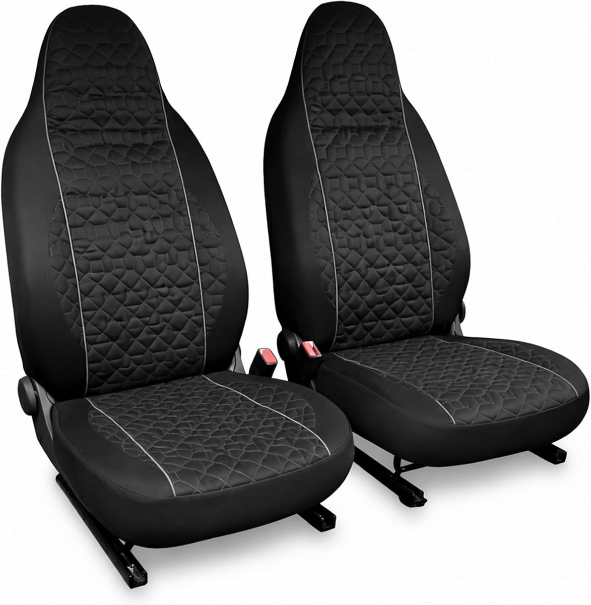 Accessori Lupex LS03 Universele stoelhoezen voor voorstoelen, 2 stuks, luxe stof, zwart-grijze naden, elegant design, duurzaam en comfortabel, compatibel met geïntegreerde hoofdsteun