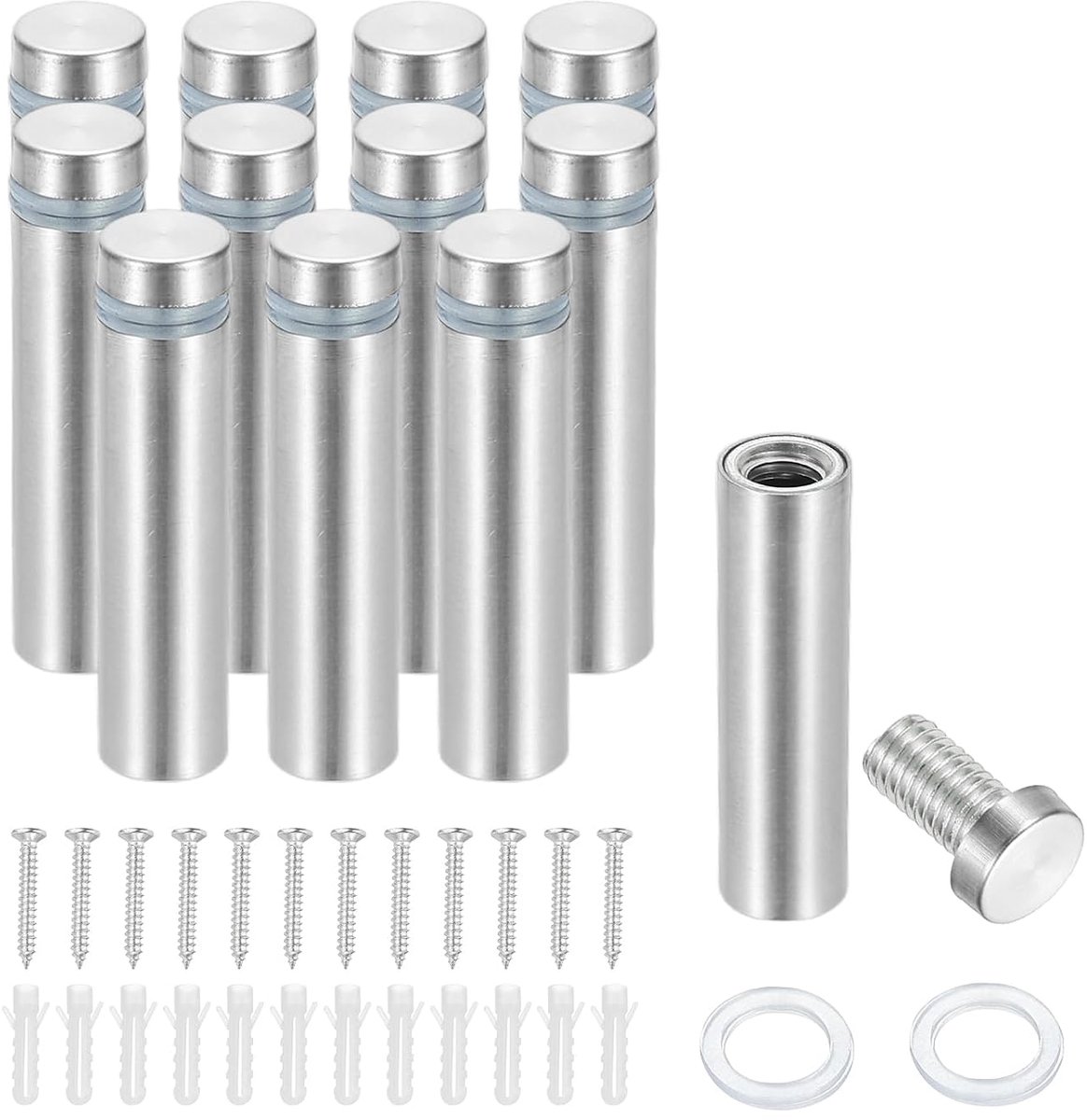 12 x 50 mm afstandsschroeven, 12 stuks roestvrijstalen wandmontage bord afstandhouders montagehardware reclame nagel voor het ophangen van acryl fotolijst, zilver