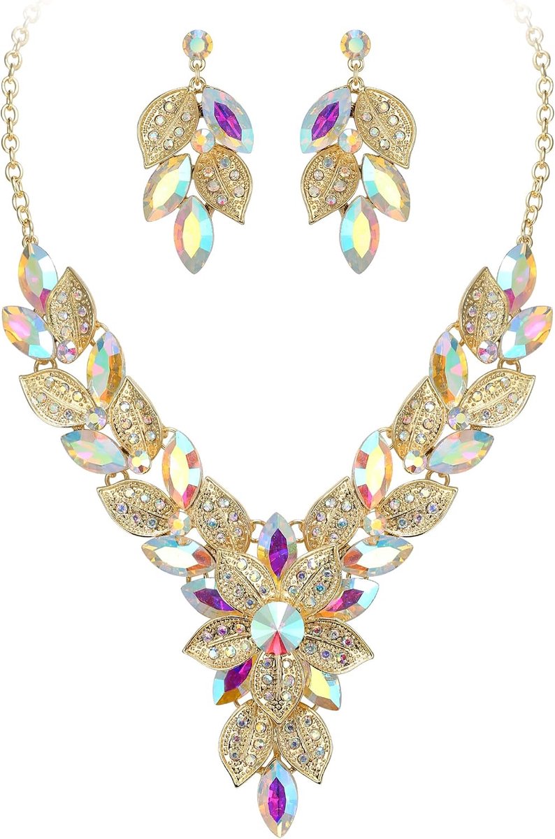 FAITH Dames Kristal Party Fashion Floral Wave Teardrop halsketting oorbellen set iriserende AB-goudkleurig