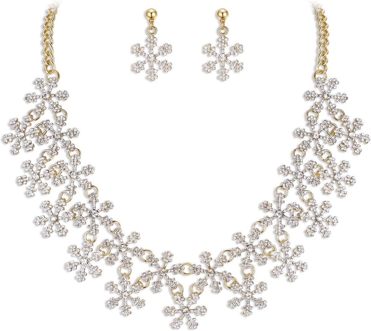 FAITH Dames kristal sneeuwvlok bloem cluster halsketting oorbellen set iriserende helder gouden tint, kristal