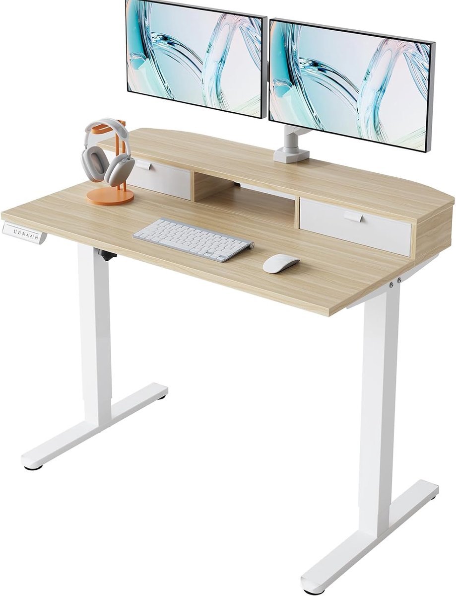 In hoogte verstelbaar bureau 100 x 60 cm met laden, compatibele C-klemhouder, bureau in hoogte verstelbaar met 4 geheugenhoogte-instellingen