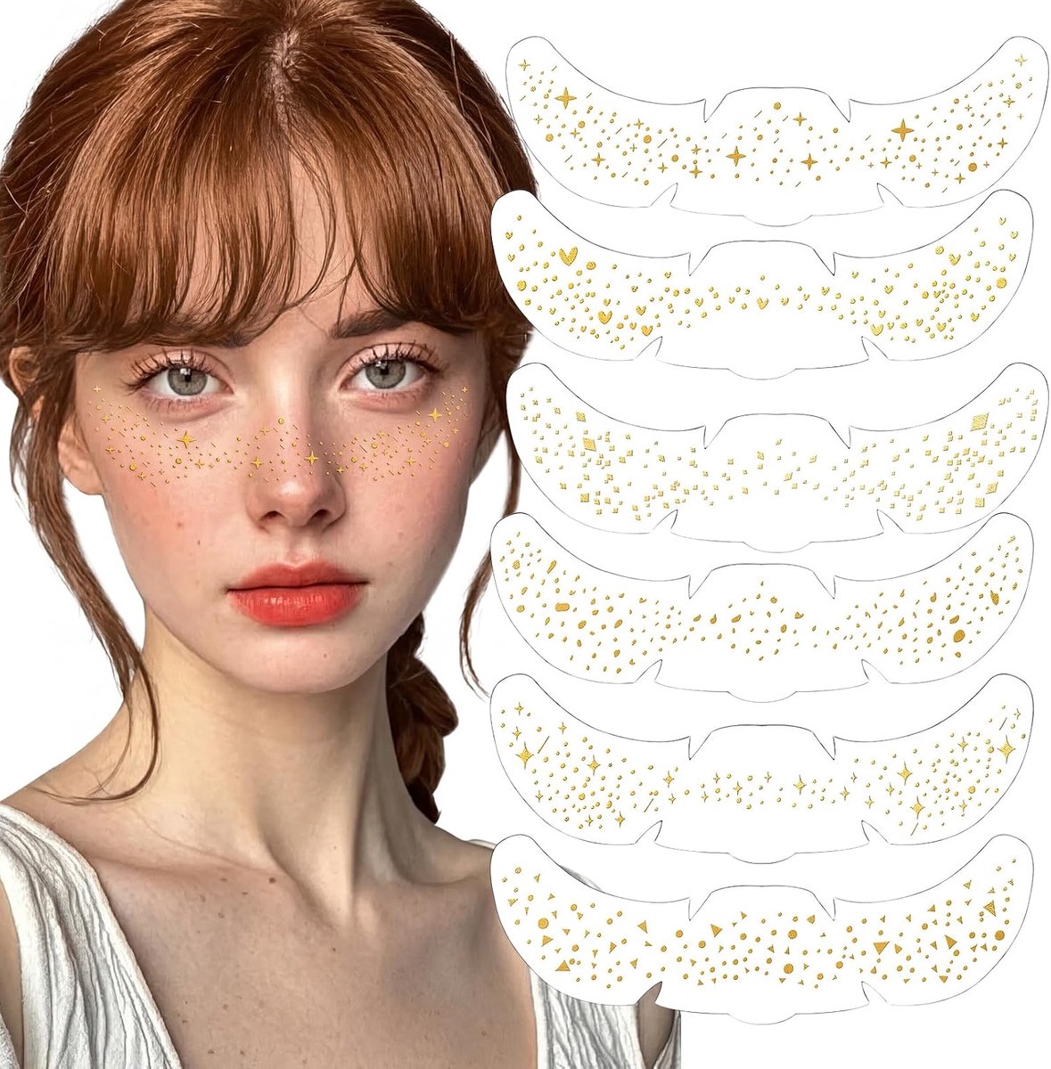 6 stuks glitter gezicht faux zomersproeten tatoeages met sterren & punten - waterdichte en duurzame tijdelijke tatoeages voor doe-het-zelf make-up en feestjes (goud)