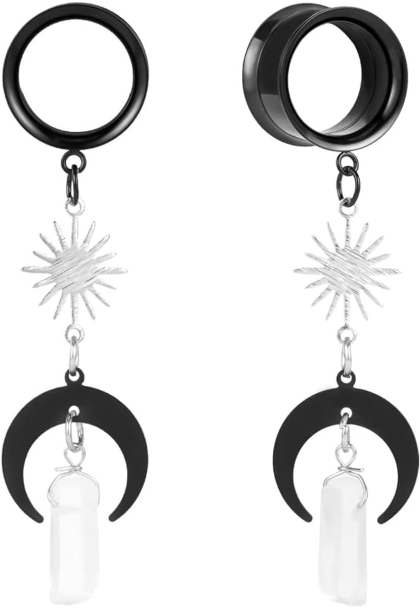 Tunnels met sterhanger, roestvrij staal, double flared tunnel, ketting, tunnel, expanders, stretchers voor mannen en vrouwen, 8 mm tot 16 mm