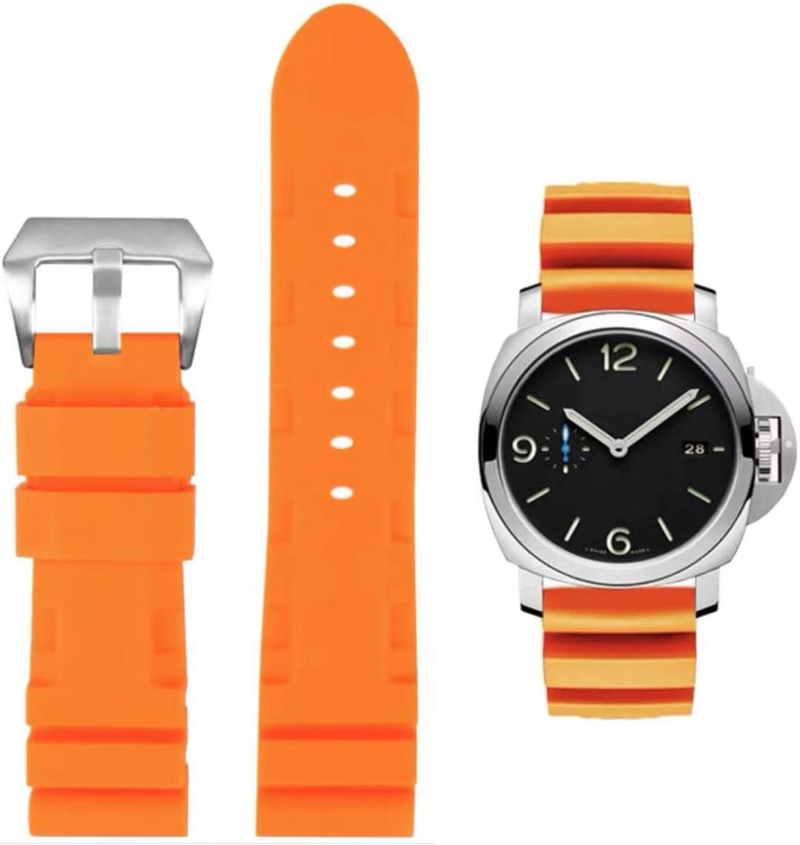 Band 22mm 24mm Horlogeband Waterdicht Rubber Geborsteld Roestvrij Staal Zilveren Gesp Compatibel Met Panerai Unisex