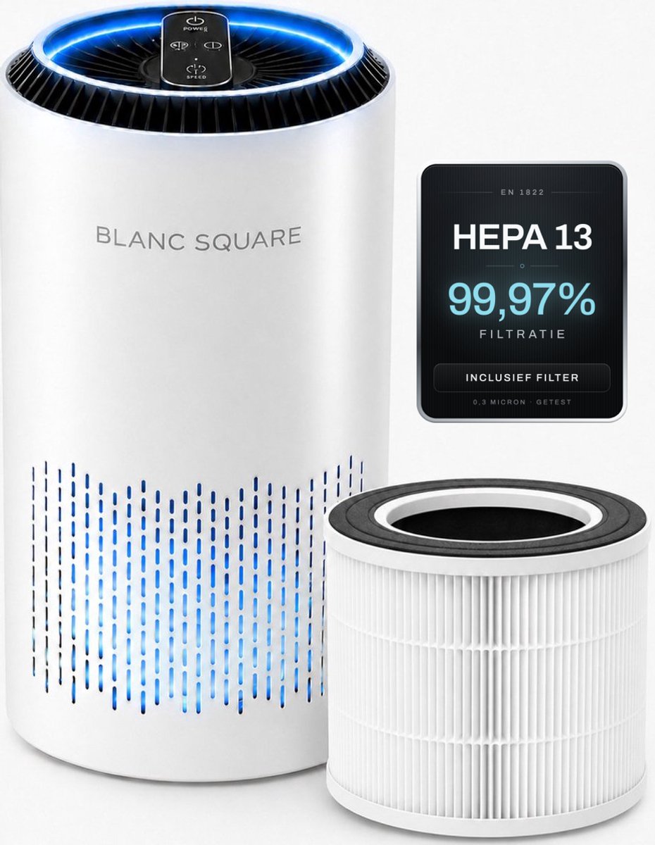 Bol.com BLANC SQUARE Luchtreiniger Air Purifier PRO - Vervangbaar HEPA 13 + Koolstof filter - CADR 170m³/u 30m² - Filtert Fijnst... aanbieding