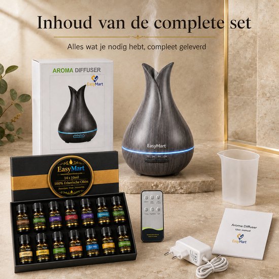 Complete set EasyMart aroma diffuser: de diffuser, 14 etherische oliën, afstandsbediening, adapter, beker en handleiding.
