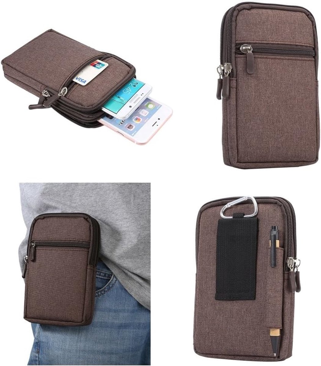 Multifunctionele verticale strepen zakje tas tas ritssluiting karabijnhaak voor Motorola MILESTONE XT720 - bruin (17 x 10,5 cm)