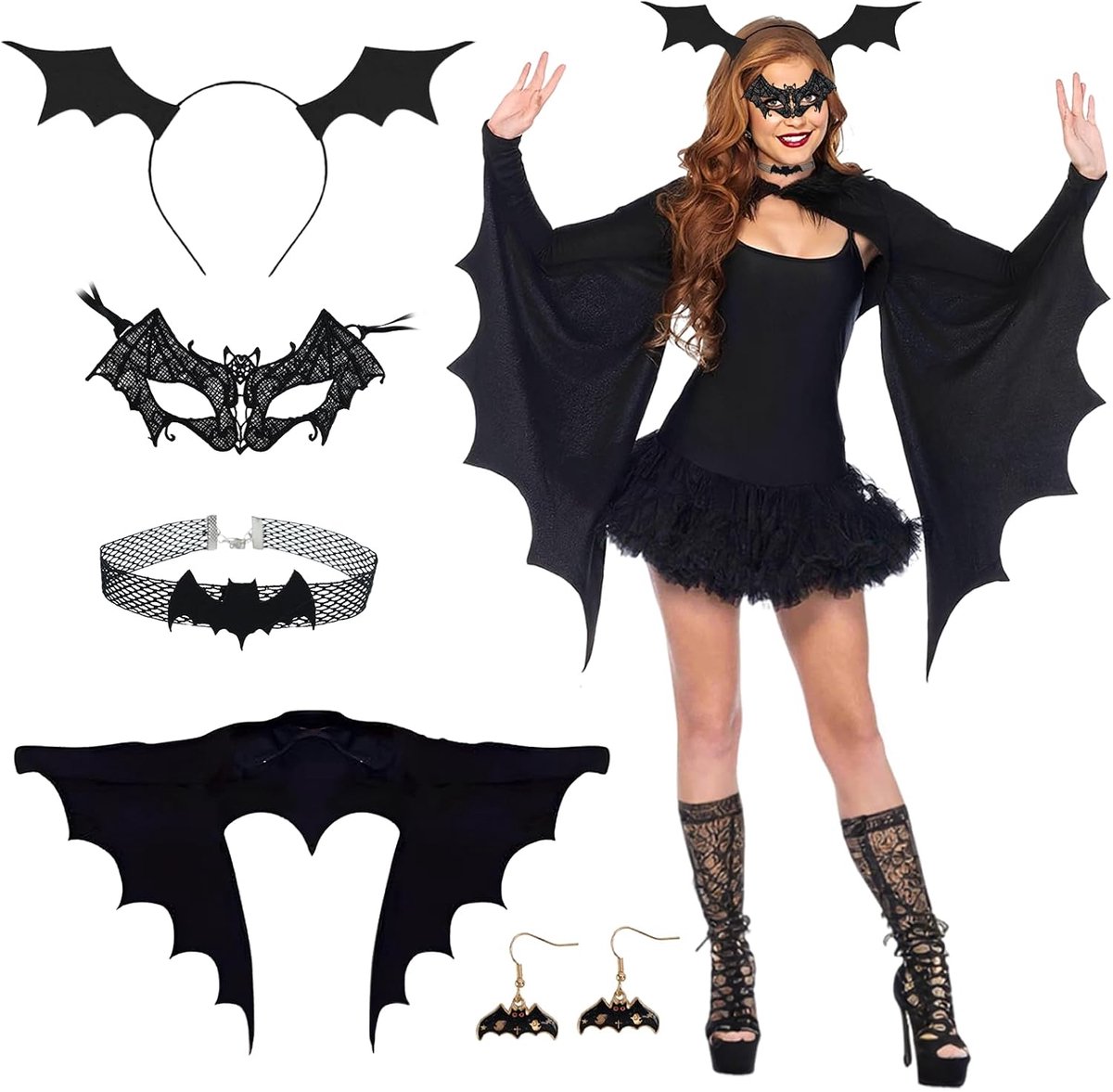 6 stuks vleermuiskostuum voor dames, Halloween-kostuum voor dames, carnavalskostuum, vleermuisvleugels en andere accessoires, sexy, griezelig, feestoutfit voor volwassenen