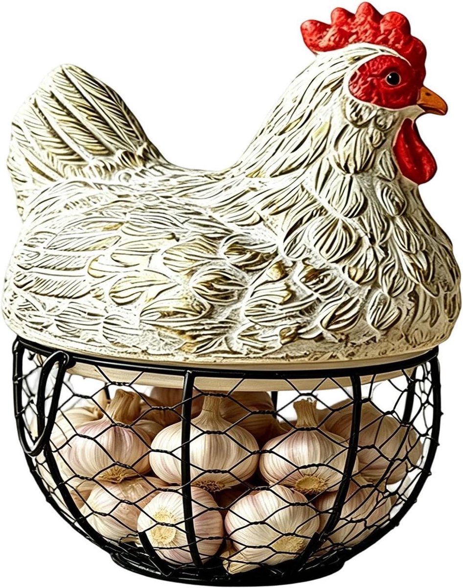 Eieropbergdoos Kip - Eiermand Decoratief - Keuken Organiseren - Vintage Hars Deksel - 20x8x20 cm - Wit