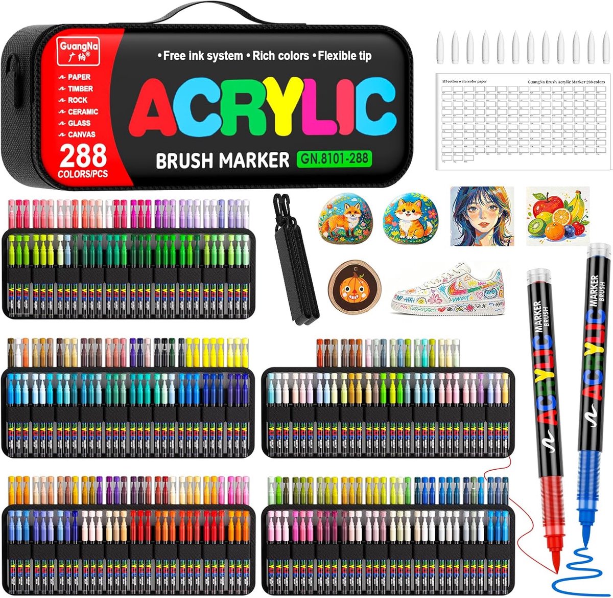 SnelShoppen - 288 Kleur Acryl Pens voor Waterbestendig, Borsteltip 1-5 mm | Assortiment Kleuren, Multi-oppervlak Gebruik, Vochtbestendige Inkt, Sneldr