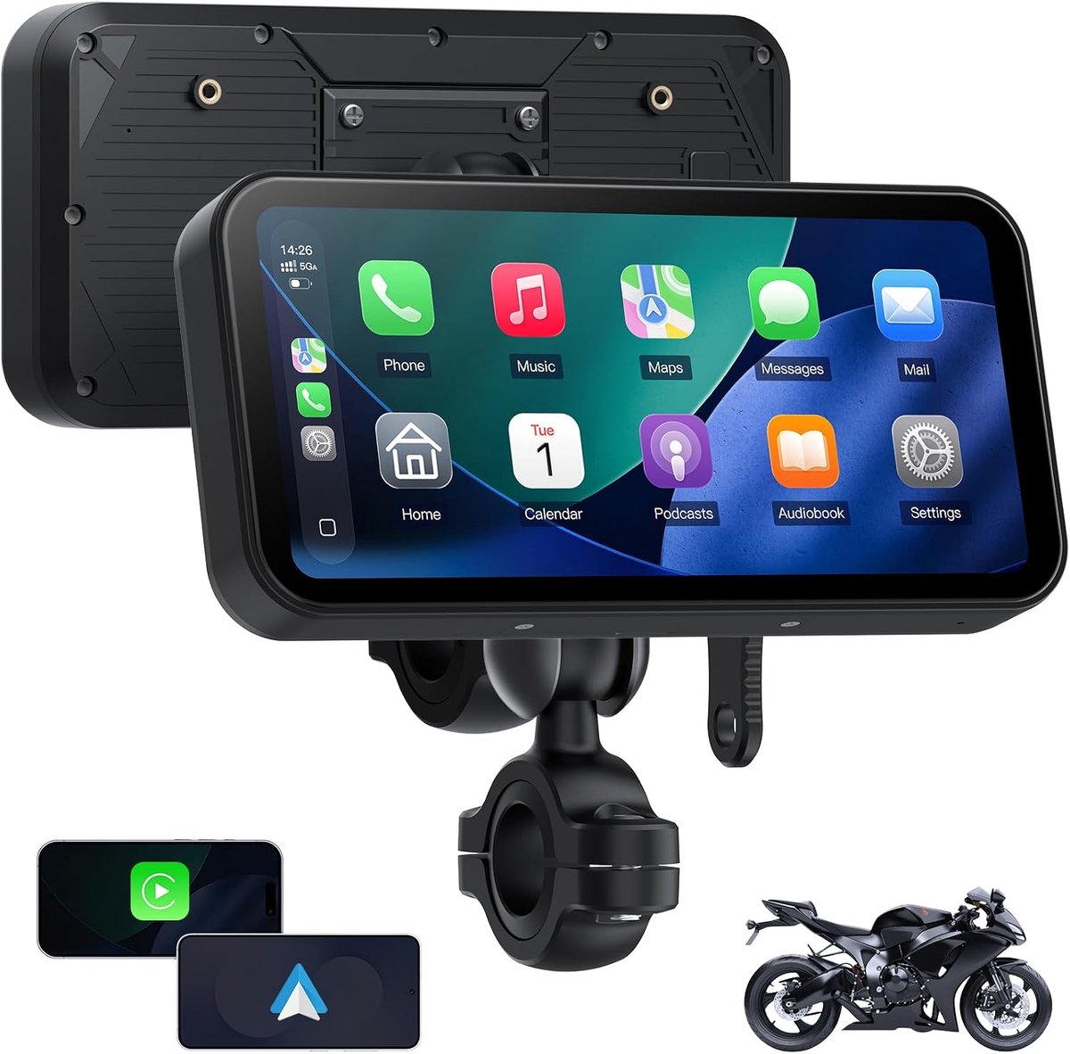 Draadloos CarPlay Scherm voor Motorfiets - 6 Inch Waterdicht Touchscreen - Met Lichtsensor - GPS Navigatie en Bluetooth - ShopVlot