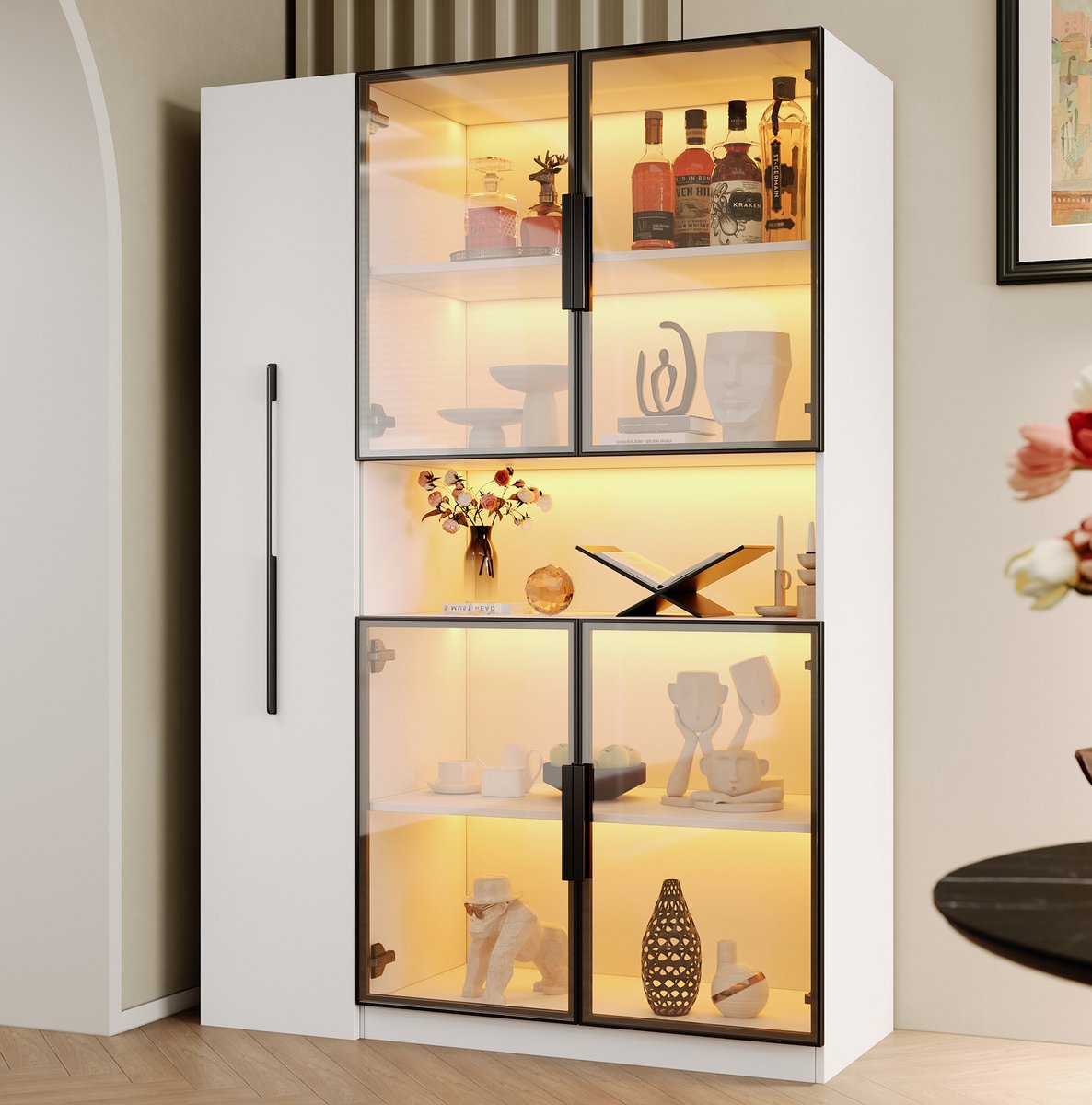 MODENUIT Vitrinekast - Glasvitrine Met LED - Voor Woonkamer En Keuken - MDF - Wit - 110x35x160 Cm