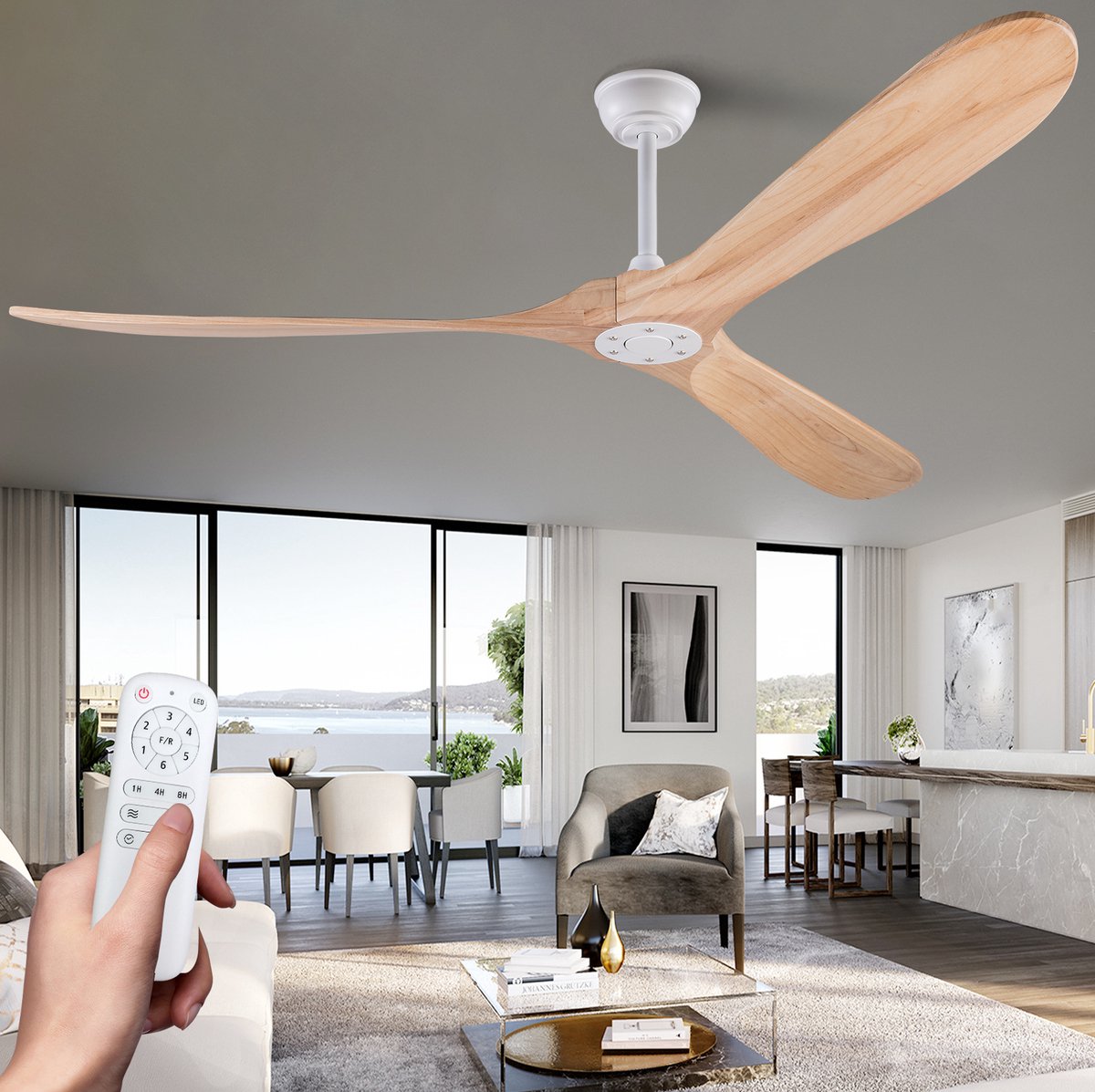 MIVRAY Plafondventilator – 176 cm – Stil Met Afstandsbediening En 6 Snelheden – Metaal En Hout – Wit Natuurlijk – Zonder Verlichting Voor Grote Ruimtes