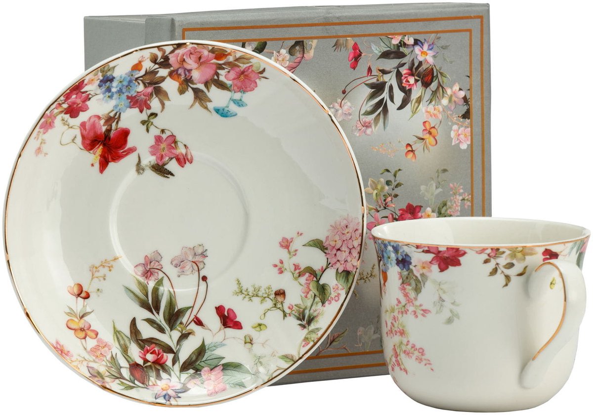Merkloos Porseleinen Kop en Schotel met Bloemendecor, 400ml