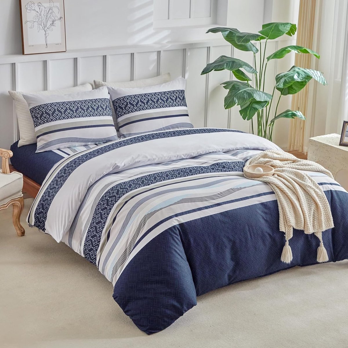 Dekbedovertrek 4-delig 260 x 240 cm - microvezel - gestreept patroon - elegant en comfortabel - ShopVlot