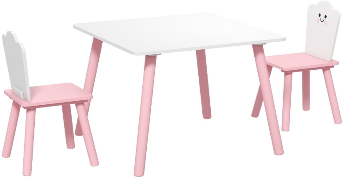 FloraGrace Kindertafel en Stoelenset – 1 Tafel en 2 Stoelen – Ronde Randen & Speels Snoepwolkthema – Voor Kinderen – Hout – Roze